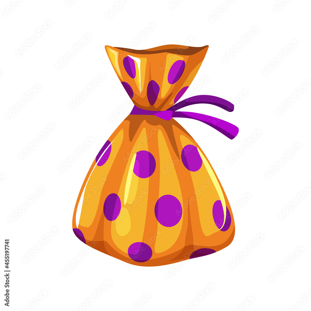 Realistic chocolate candy wrapped in gloss orange foil paper with purple dots isolated Halloween trick or treat snack. Vector 3D icon of sweet confectionery item praline ganache belgian choco candy Realistic chocolate candy wrapped in gloss orange foil paper with purple dots isolated Halloween trick or treat snack. Vector 3D icon of sweet confectionery item praline ganache belgian choco candy