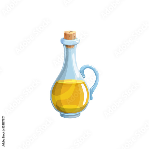 Extra virgin soy, olive or sunflower oil in bottle with cork isolated realistic icon. Vector jar of organic soy, soybean, sunflower, linseed oil salad dressing. Natural oils vegetarian food condiment