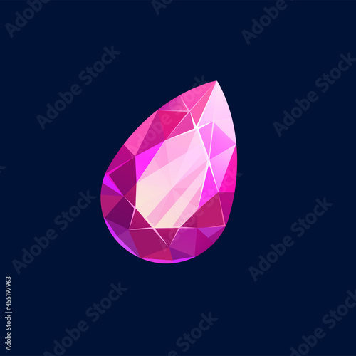 Pink gem stone, magic crystal vector icon. Semiprecious or precious faceted mineral in shape of drop. Topaz gemstone, tourmaline, spinel or opal jewelry isolated cartoon symbol