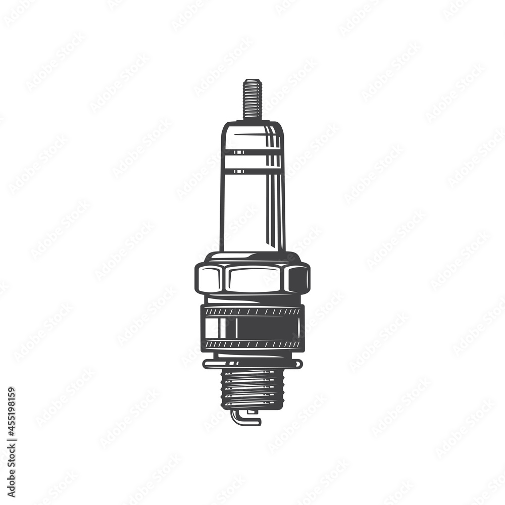 Sparkplug hand drawn vehicle spare part isolated monochrome icon. Vector sparking plug in thick cylinder head, automobile or motorcycle spare part. Auto gear, engine maintenance and service detail Sparkplug hand drawn vehicle spare part isolated monochrome icon. Vector sparking plug in thick cylinder head, automobile or motorcycle spare part. Auto gear, engine maintenance and service detail