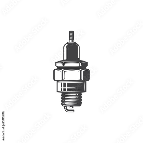 Sparking plug with metal threaded shell, electrically isolated by porcelain insulator monochrome icon. Vector spark plug with electrode, car ignition system spare part, fixing and maintenance symbol