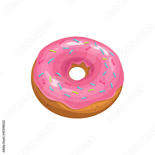 Donut cake icon, fast food sweet dessert, vector isolated pink glazed doughnut. Cafe pastry and patisserie, cafeteria bakery menu icon of donut cookie or biscuit with sprinkles