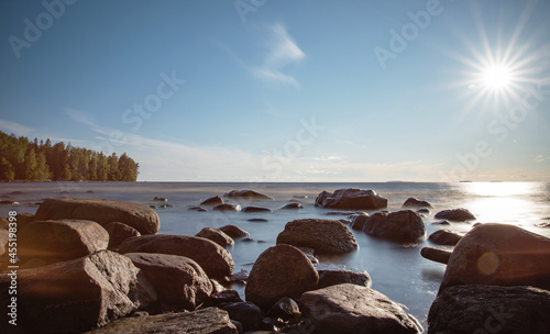 Beautiful sunrise on the shore of the Ladoga lake with pine tree coasline, stones and seaweed at sunny morning. Ladoga lake, Karelia. Long exposure