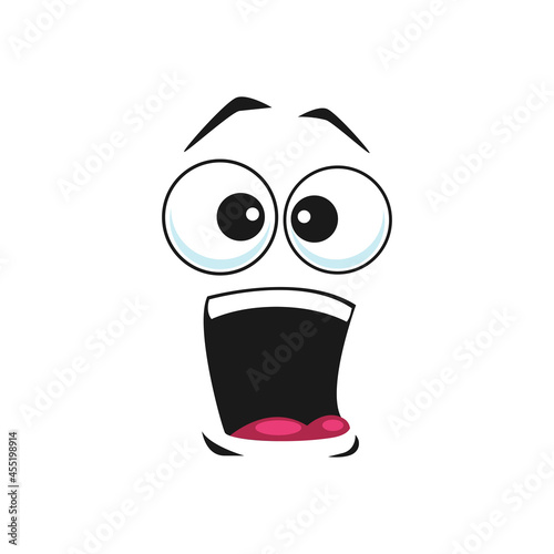 Cartoon face vector icon, surprised or shocked yelling facial expression. Astonished funny emoji with wide open or goggle eyes and dropped jaw, wow feelings isolated on white background