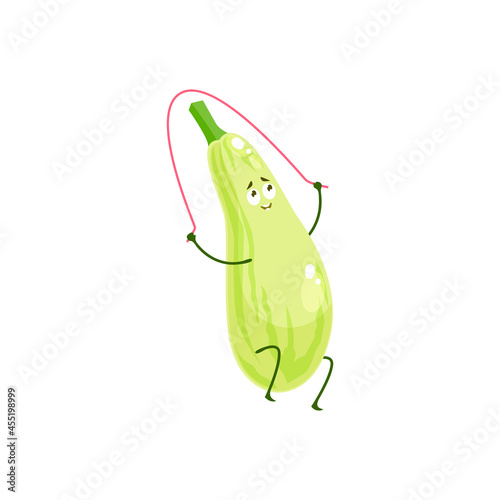 Cartoon squash jumping on rope vector icon, funny sportsman vegetable character workout, sport exercises. Healthy food sports lifestyle, organic veggies symbol isolated on white background