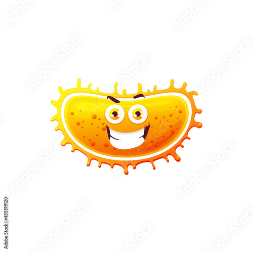 Cartoon virus cell vector icon, angry bacteria or germ character with grin face. Smiling pathogen microbe monster with big eyes and toothy mouth, isolated yellow infusoria slipper