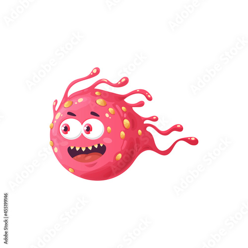 Cartoon virus cell vector icon, cute bacteria or germ mascot character with funny face and sharp teeth. Smiling pathogen microbe monster, micro organism smiling. Pink cell move isolated sign