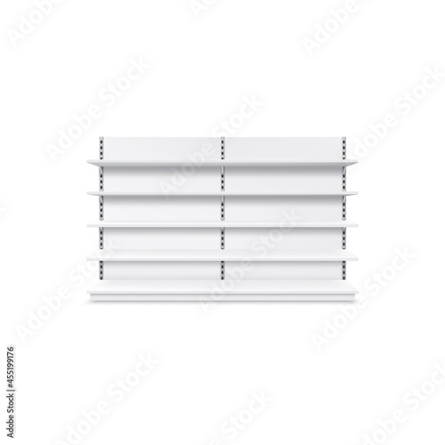 Shelf realistic store display product showcase stand isolated realistic icon 3D white metal model. Vector trade shelf mockup, shop rack, supermarket warehouse shelving racks with detachable shelves