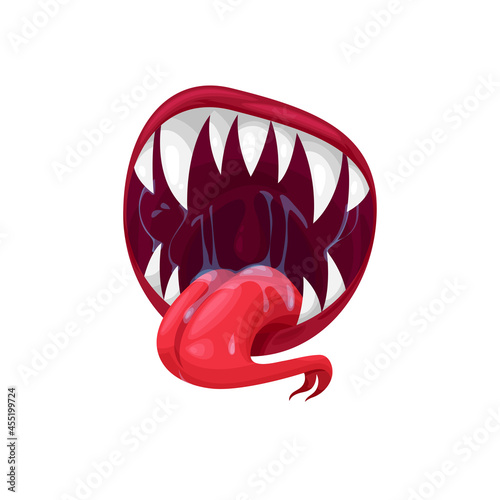 Monster mouth vector icon, creepy jaws with forked long tongue and sharp teeth, Halloween creature, alien or devil roar slobbering maw isolated on white background