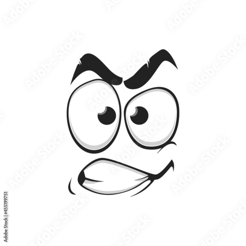 Cartoon face vector icon, emoji with angry eyes and gnash teeth. Negative facial expression, angry feelings, comic face with toothy mouth isolated on white background