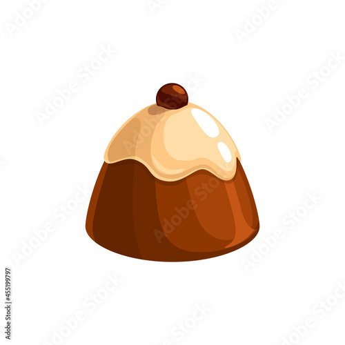 Chocolate candy, sweet dessert, vector choco candy made of dark chocolate with white topping and decor on top. Cocoa patisserie with praline or liquor filling. cartoon sweets product