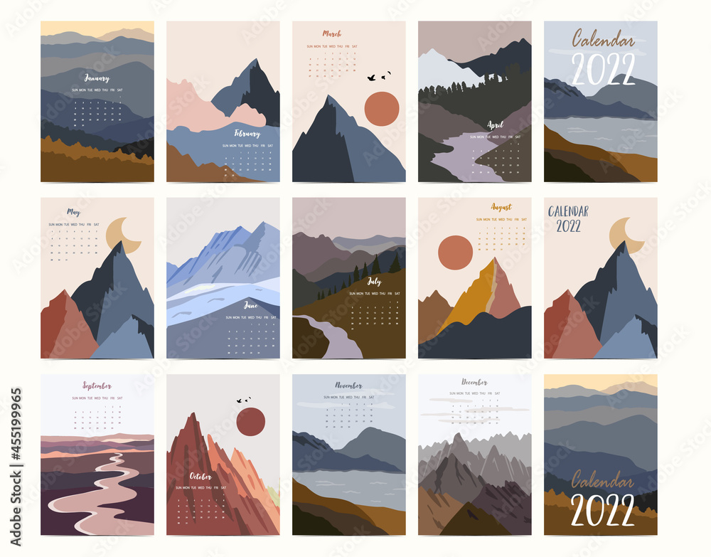 Naklejka premium 2022 table calendar week start on Sunday with mountain and sun that use for vertical digital and printable A4 A5 size