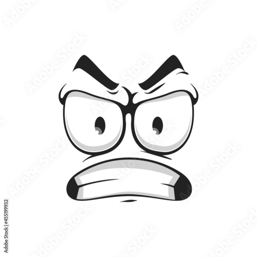 Grumpy sullen emoji, ireful or rageful smiley facial emotion isolated icon. Vector irritated angry smiley in bad mood. Wrathy sad emoticon with curved down mouth, social network chatting sign