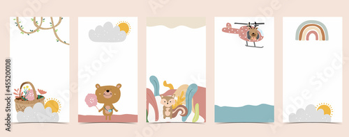 Cute background for social media.Set of story with rainbow,bear,tree
