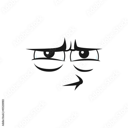 Grumpy sullen emoji, ireful or rageful smiley facial emotion isolated icon. Vector irritated angry smiley in bad mood. Wrathy sad emoticon with curved mouth, social network chatting bot expression