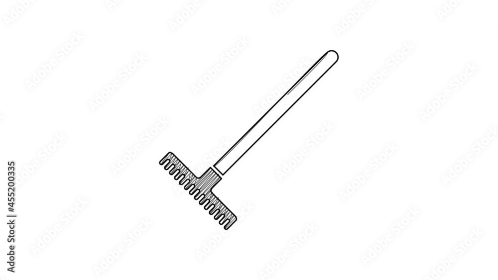 Black line Garden rake icon isolated on white background. Tool for horticulture, agriculture, farming. Ground cultivator. Housekeeping equipment. 4K Video motion graphic animation Black line Garden rake icon isolated on white background. Tool for horticulture, agriculture, farming. Ground cultivator. Housekeeping equipment. 4K Video motion graphic animation
