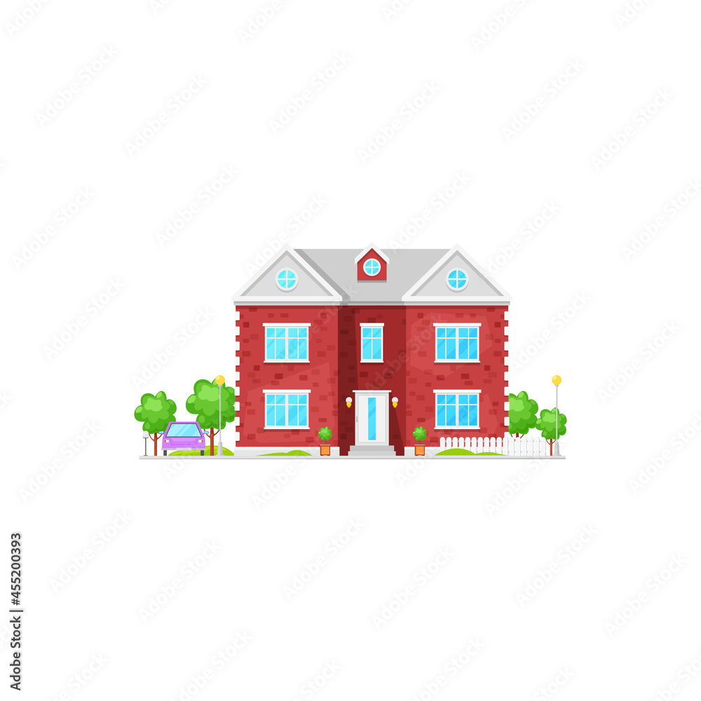 Vector house exterior with c windows and garden trees isolated cartoon american luxury patio. Vector vintage chalet country house, contemporary building with trees, red wooden chalet, parked car