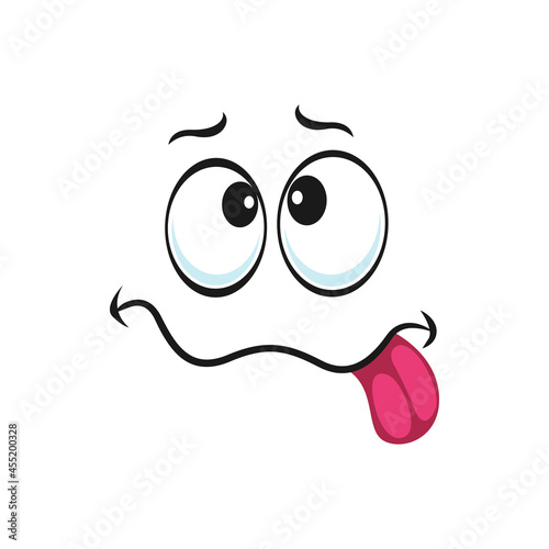 Strange stupid emoticon, teasing person with curved smile showing tongue isolated. Vector emoticon with silly eyes, awkward face expression. Strange emoji, crazy idiot sad emoticon, yummy gesture
