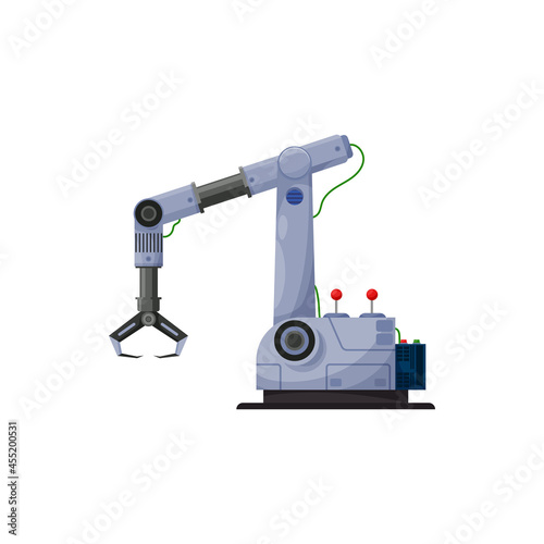 Automated claw, robotic arm, manufacture robot isolated factory automation. Vector automation rendering robot with loading element. Factory manufacturing plant technology, automated mechanic hand