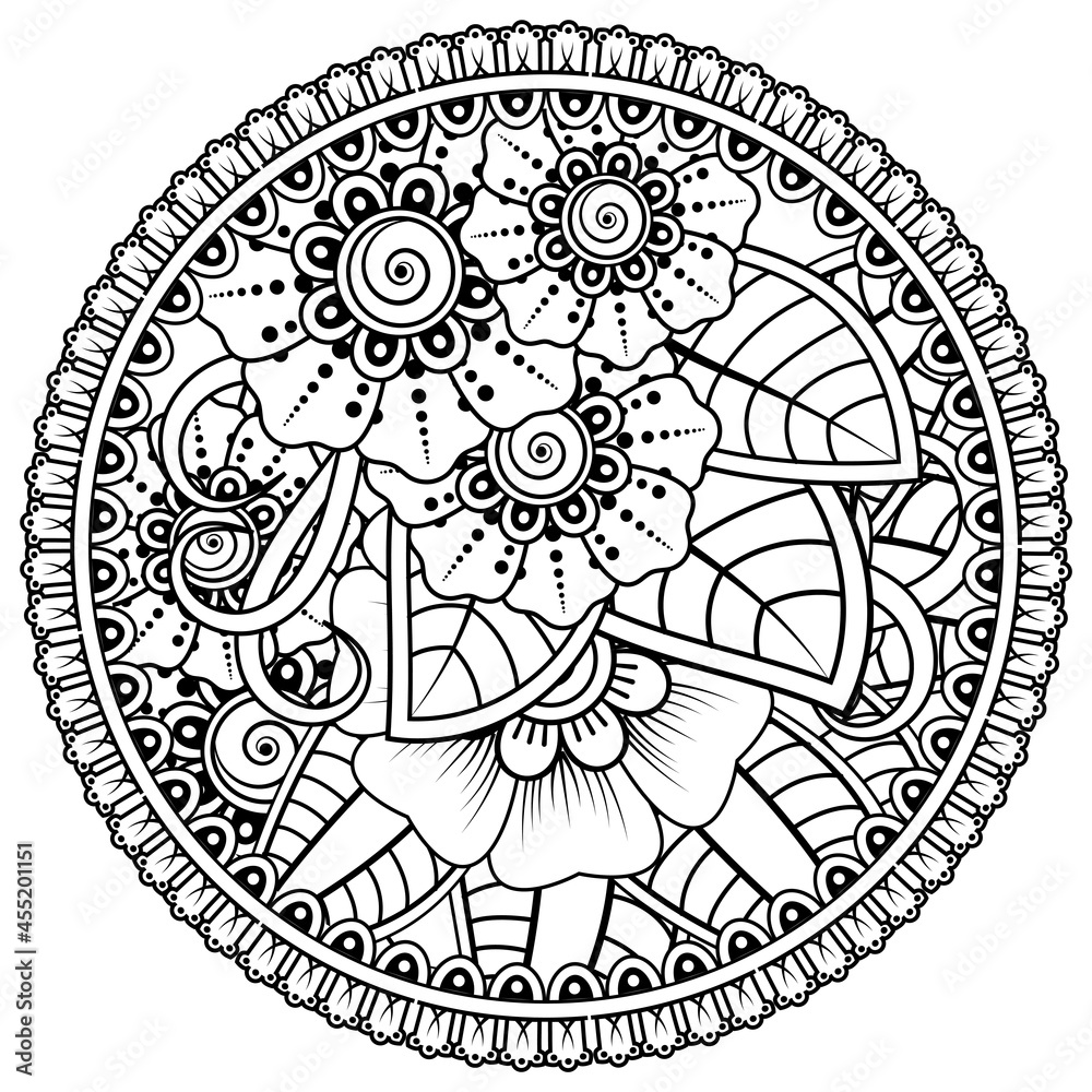 Mehndi flower for henna, mehndi, tattoo, decoration. decorative ornament in ethnic oriental style. doodle ornament. coloring book page. Mehndi flower for henna, mehndi, tattoo, decoration. decorative ornament in ethnic oriental style. doodle ornament. coloring book page.