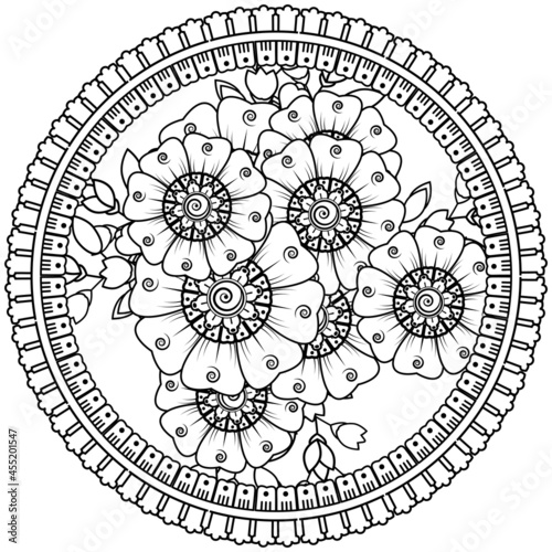 Mehndi flower for henna, mehndi, tattoo, decoration. decorative ornament in ethnic oriental style. doodle ornament. coloring book page.