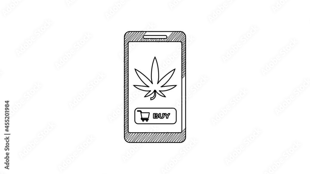 Black line Mobile phone and medical marijuana or cannabis leaf icon isolated on white background. Online buying symbol. Supermarket basket. 4K Video motion graphic animation Black line Mobile phone and medical marijuana or cannabis leaf icon isolated on white background. Online buying symbol. Supermarket basket. 4K Video motion graphic animation