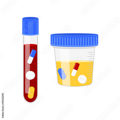 Blood and urine specimens with different drugs. Doping control in sport. Positive post accident drug testing concept. Vector cartoon illustration.