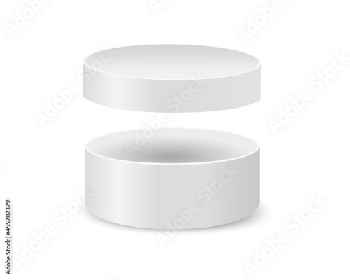 Round cardboard box with removed lid mockup. Open white cylinder package isolated on white background. Container for hat, gift, cosmetics, cookies. Vector realistic illustration.