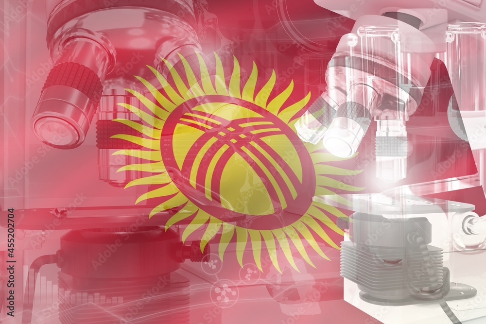 Fototapeta premium Microscope on Kyrgyzstan flag - science development conceptual background. Research in healthcare or clinical medicine, 3D illustration of object