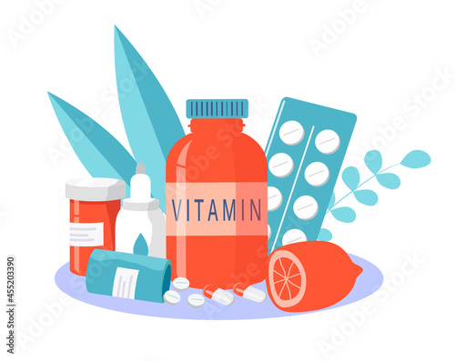 vector illustration on the theme of seasonal cold, common cold, treatment, pharmacy. a bottle of vitamins, tablets, pills, lemon. trend illustration in flat style