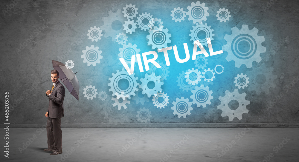 Fototapeta premium Businessman defending with umbrella concept