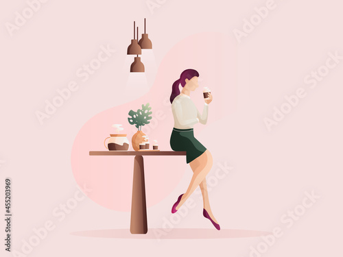 Woman sipping coffee while taking a break. Flat design Illustration about break between work.