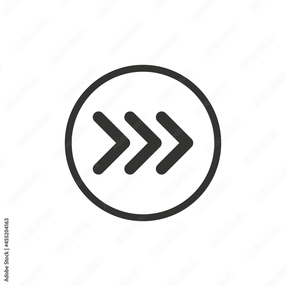 Black vector chevron arrows pointing right in circle, three arrows in row. road sign for turn. Stock Vector illustration isolated on white background. Black vector chevron arrows pointing right in circle, three arrows in row. road sign for turn. Stock Vector illustration isolated on white background.