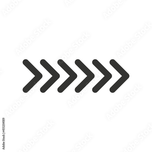 Black vector chevron arrows pointing right, six arrows in row. road sign for turn. Stock Vector illustration isolated on white background.