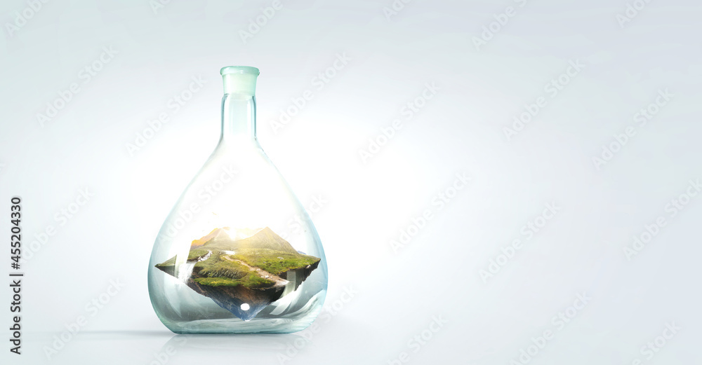 Landscape with mountain inside glass bottle . Mixed media Landscape with mountain inside glass bottle . Mixed media