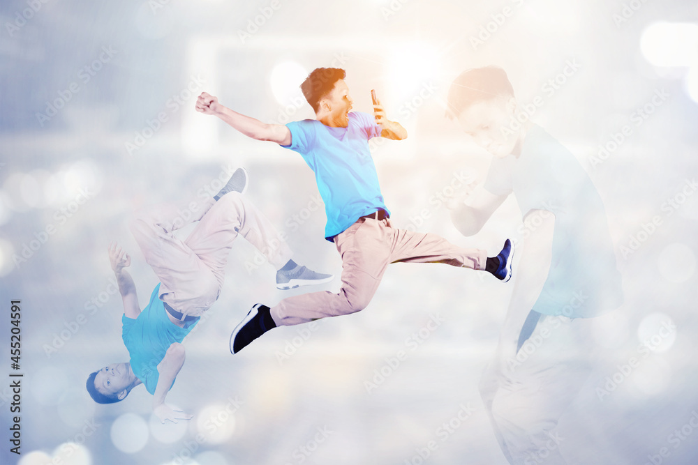 Double exposure of happy man doing break dancing Double exposure of happy man doing break dancing