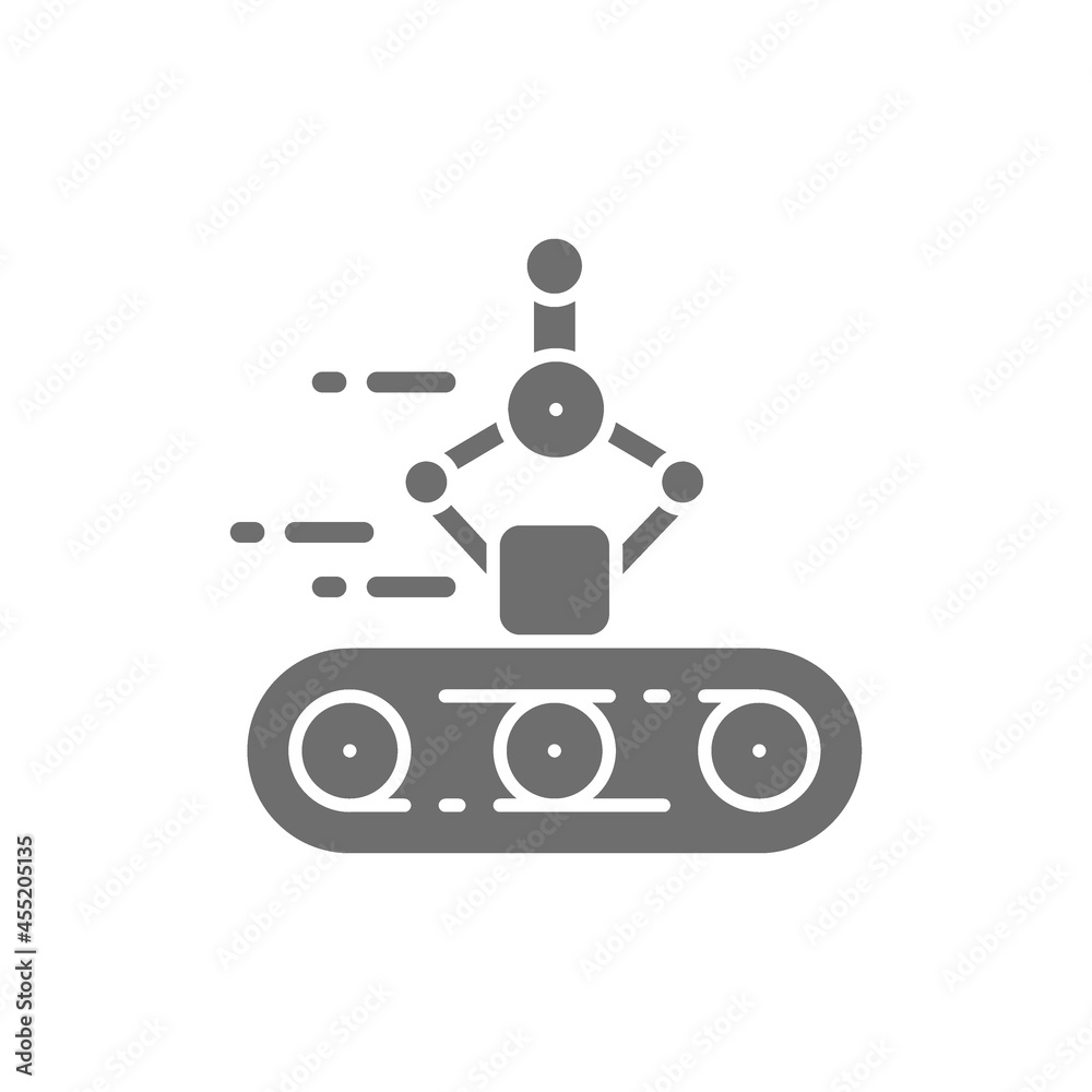Conveyor belt, mechanical arm, robotic packaging grey icon. Conveyor belt, mechanical arm, robotic packaging grey icon.