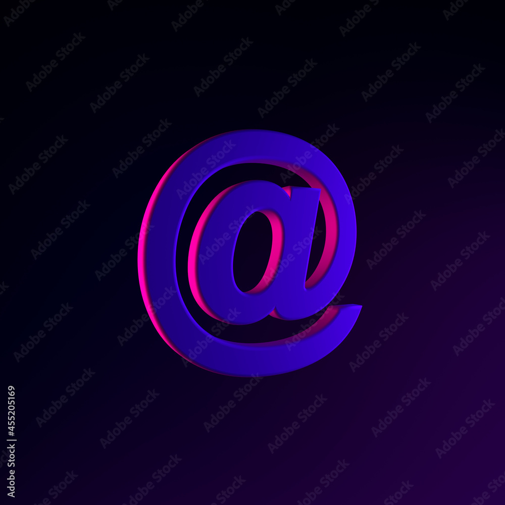 Neon email icon, at sign. 3d rendering ui ux interface element. Dark glowing symbol. Neon email icon, at sign. 3d rendering ui ux interface element. Dark glowing symbol.