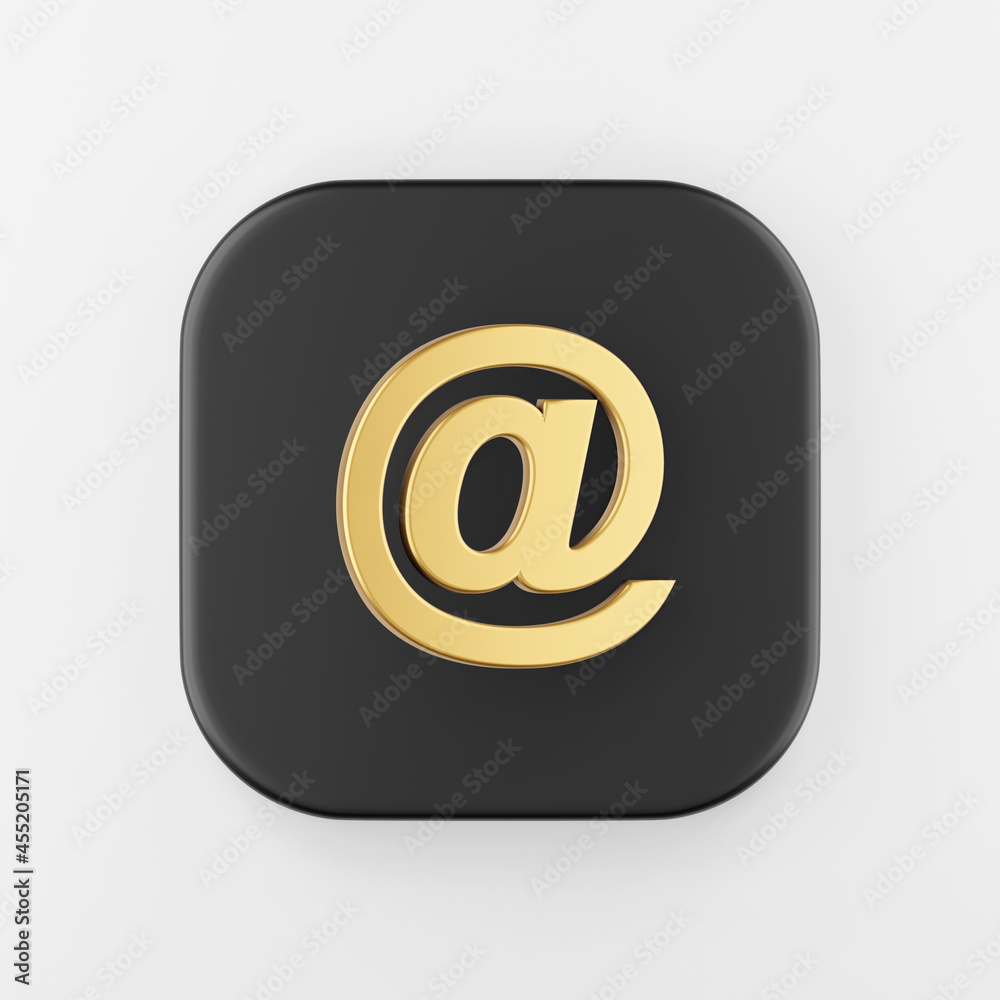 Email symbol golden icon, at sign. 3d rendering black square key button, interface ui ux element. Email symbol golden icon, at sign. 3d rendering black square key button, interface ui ux element.