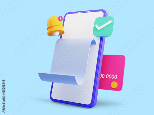 3d render of Online Payment concept,  transfer money with atm on smartphone. Isolated on blue background