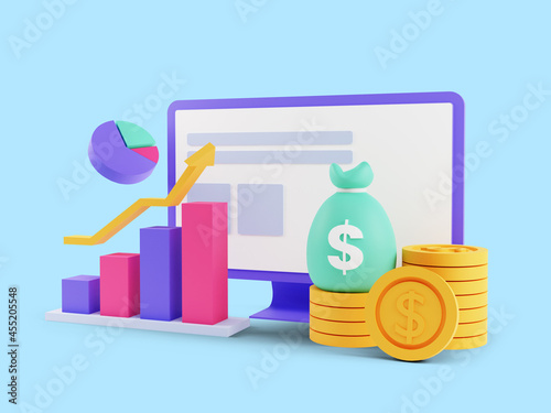 3d render of ROI concept, Return on investment, people managing financial chart, profit income. Isolated on blue background 