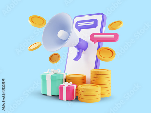 3d render of Refer A Friend Concept, People share info about referral and earn money. Isolated on blue background photo