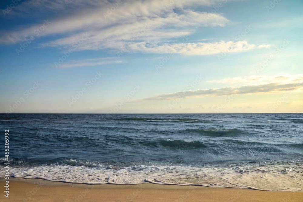 Picturesque view of beautiful sky with clouds over tropical beach Picturesque view of beautiful sky with clouds over tropical beach