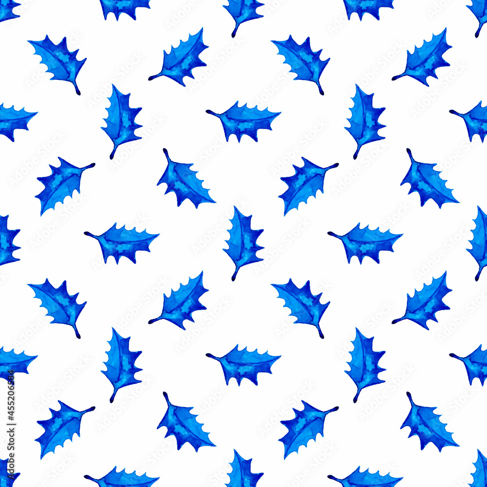 Fototapeta premium XMAS watercolor Poinsettia Seamless Pattern in Blue Color. Hand Painted fir tree background or wallpaper for Ornament, Wrapping or Christmas Gift