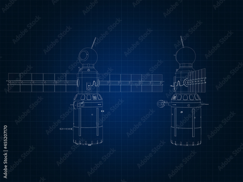 drafting silhouette of spaceship and its parts on blue graph paper