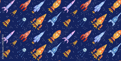 Seamless space texture with spaceships and stars on a dark background. Vector pattern with cartoon contour space shuttle flying up. Wallpaper universe adventure
