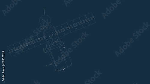 drafting silhouette of a spaceship and its parts on a blue background