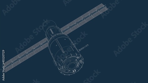 drafting silhouette of a spaceship and its parts on a blue background