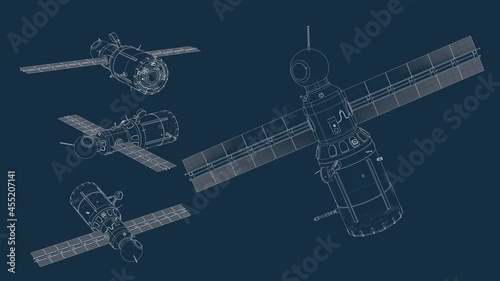 Fototapeta Naklejka Na Ścianę i Meble -  drafting silhouette of a spaceship and its parts on a blue background