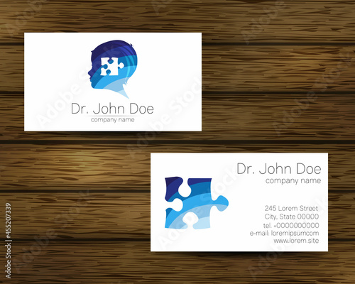 Psychology vector visit card Puzzle Autism Modern logo. Creative style. Design concept for Brand company. Blue color isolated on tree background. Symbol for web, print. vVsiting personal set © vittmann